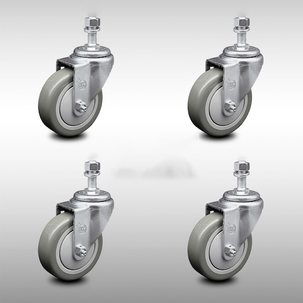 4 Inch SS Gray Polyurethane Wheel Swivel 1/2 Inch Threaded Stem Caster Set SCC